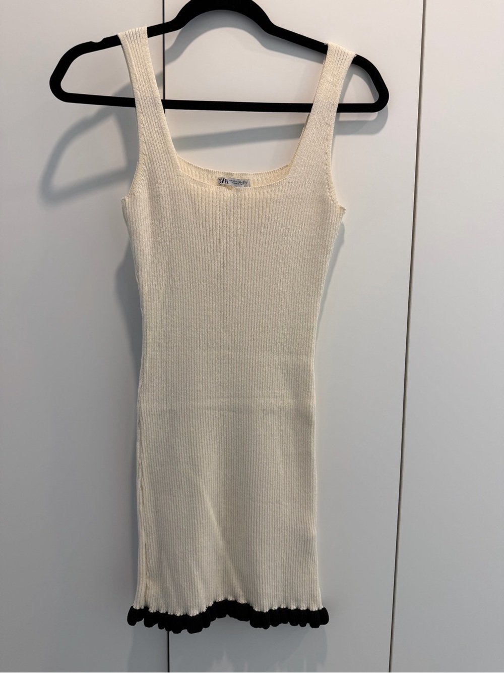 Zara Cream Ribbed Tank Dress with Black Scalloped Hem